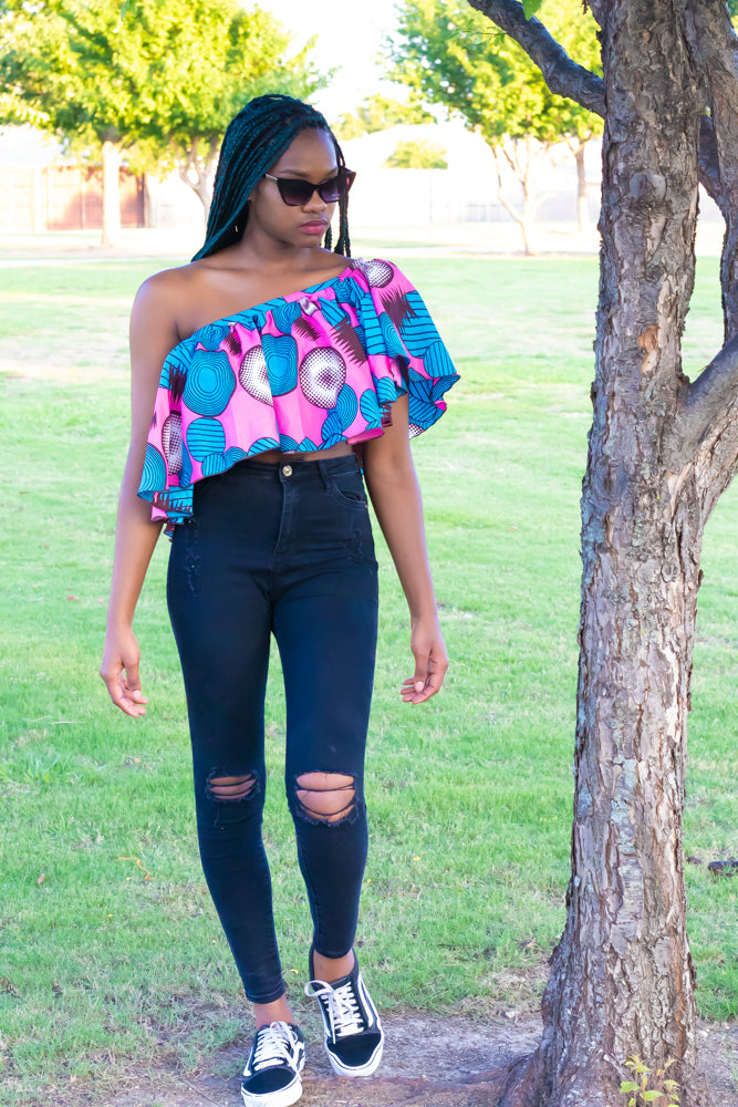 Ankara off best sale shoulder crop top